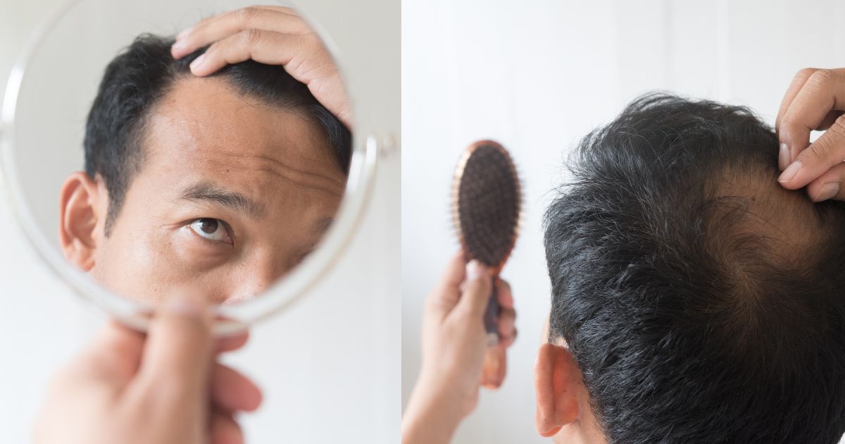 Man has hair loss concern due to aging and other reasons. Bio Young Amino Acid Complex is a solution for Hair Loss. 