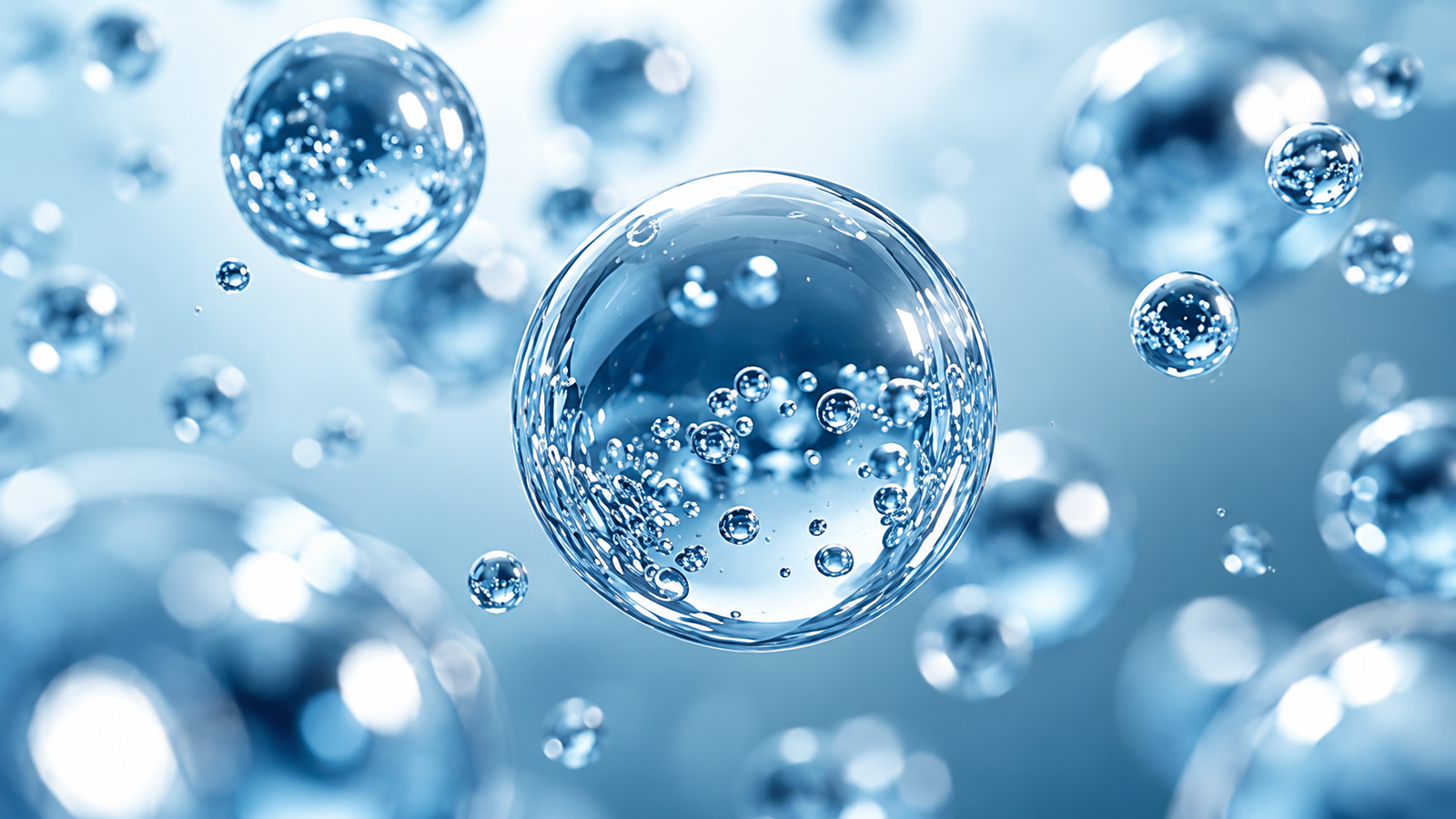 Close-up of clear water droplets with small bubbles suspended in blue-tinted water.