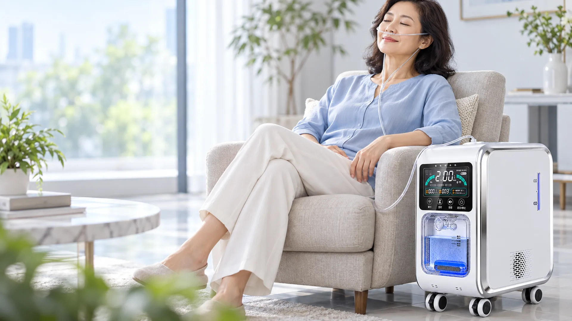 Woman relaxing at home while using the EzyLife hydrogen-oxygen gas generator with a nasal cannula