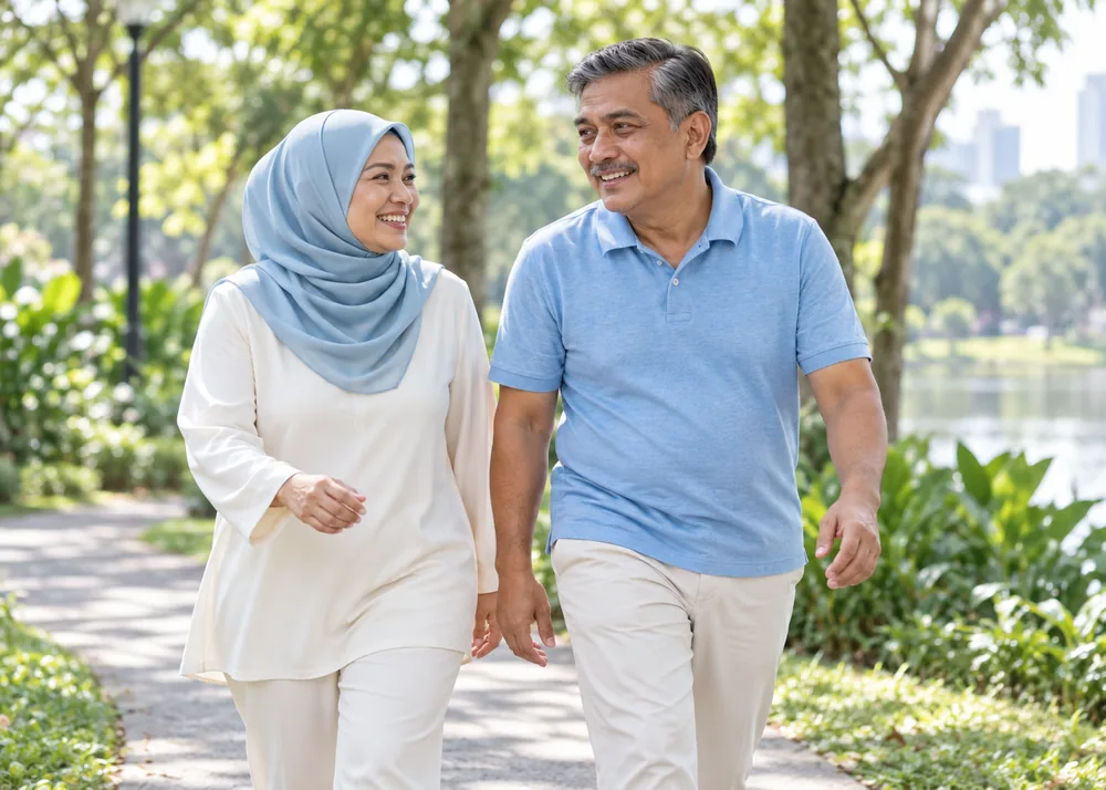 Energetic middle-aged couple on a brisk morning walk in the park