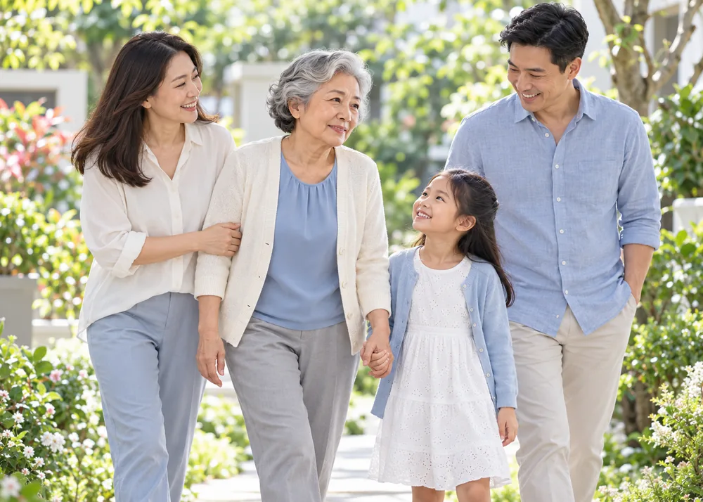 Older adult walking comfortably with family