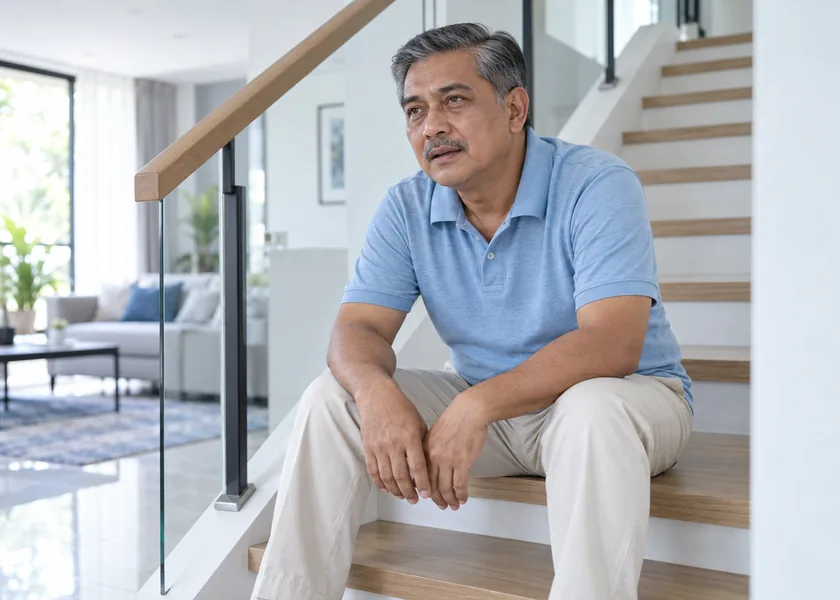 Middle-aged adult feeling tired and sitting down to catch their breath