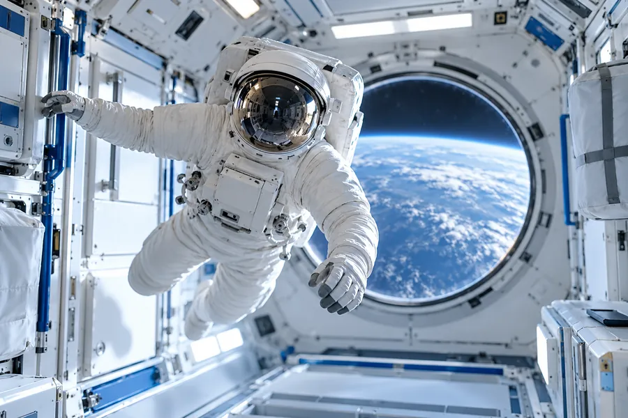 Astronaut floating inside a spacecraft