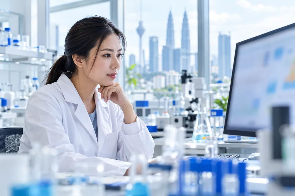 Scientist examining molecular hydrogen research data